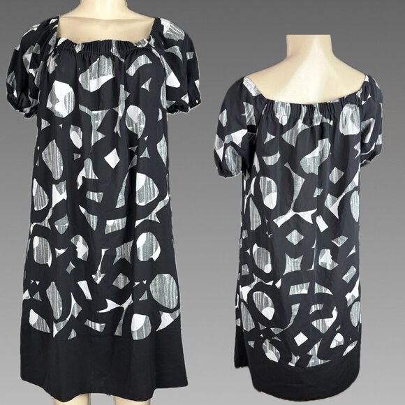 Daisy Fluentes M Black-Gray Geo Shapes Short Sleeve Off/On Shoulder Short Dress - Picture 1 of 6